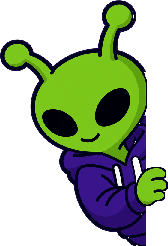 Matheum, a green alien in a purple hoodie, peeking out from behind the phone