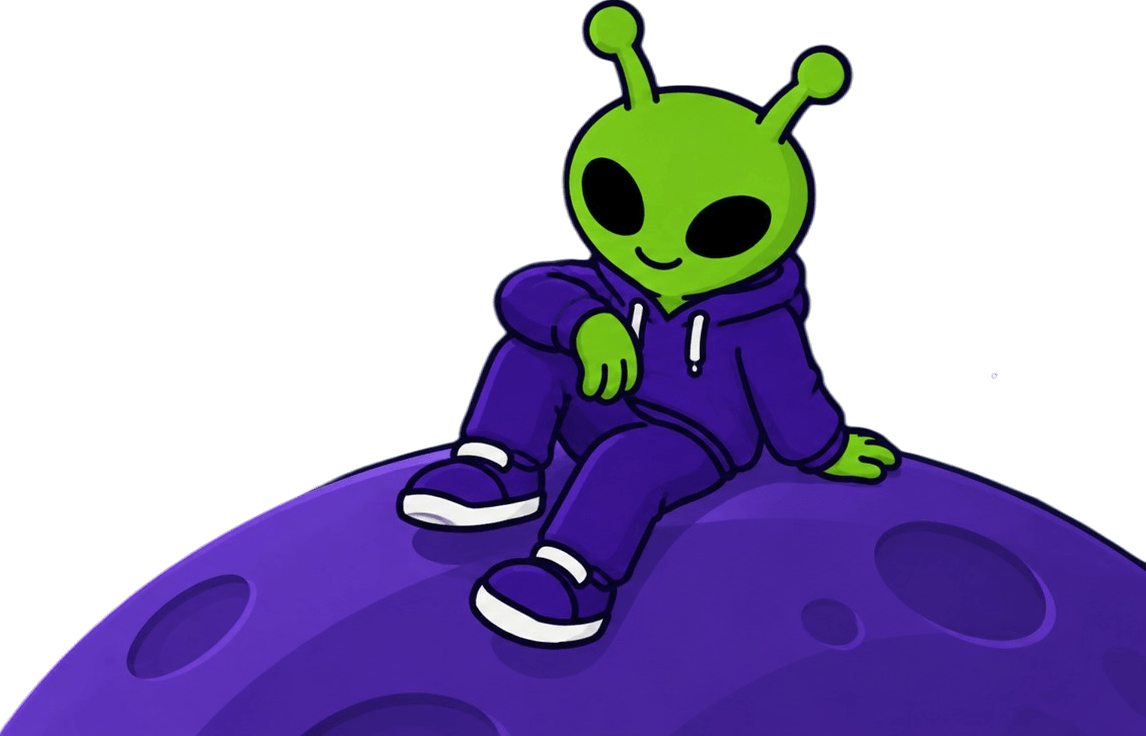 Matheum sitting on the curve of a purple planet