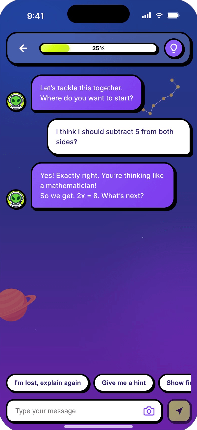 Matheum chat at 25%: hints guiding a student through 2x = 8